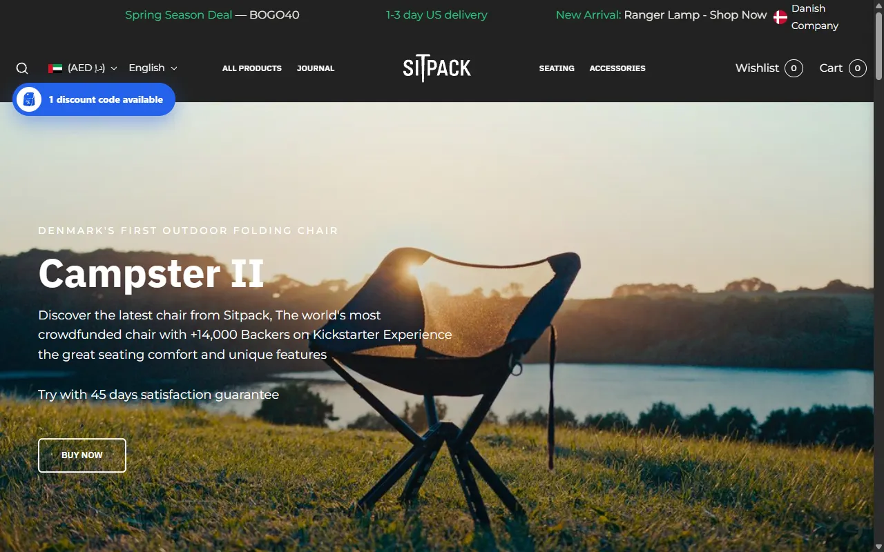 Sitpack's store page with a blue button in the corner reading “1 discount code available”